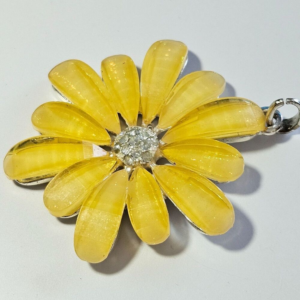 Silver Tone Sparkly Yellow Flower Pendant Clear Rhinestone Accents - Picture 9 of 9